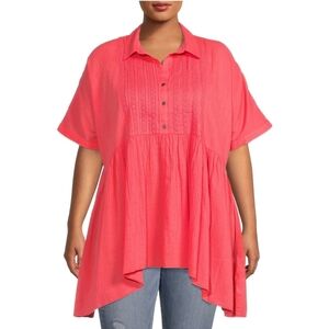 Terra & Sky NWT Women's Plus Size Coral Fire  Baby Doll Blouse Short Sleeve 652